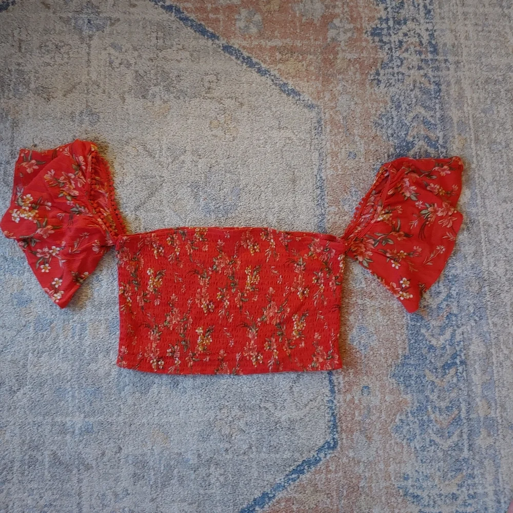 American Eagle | Red Smocked Crop Top - Picture 1 of 5